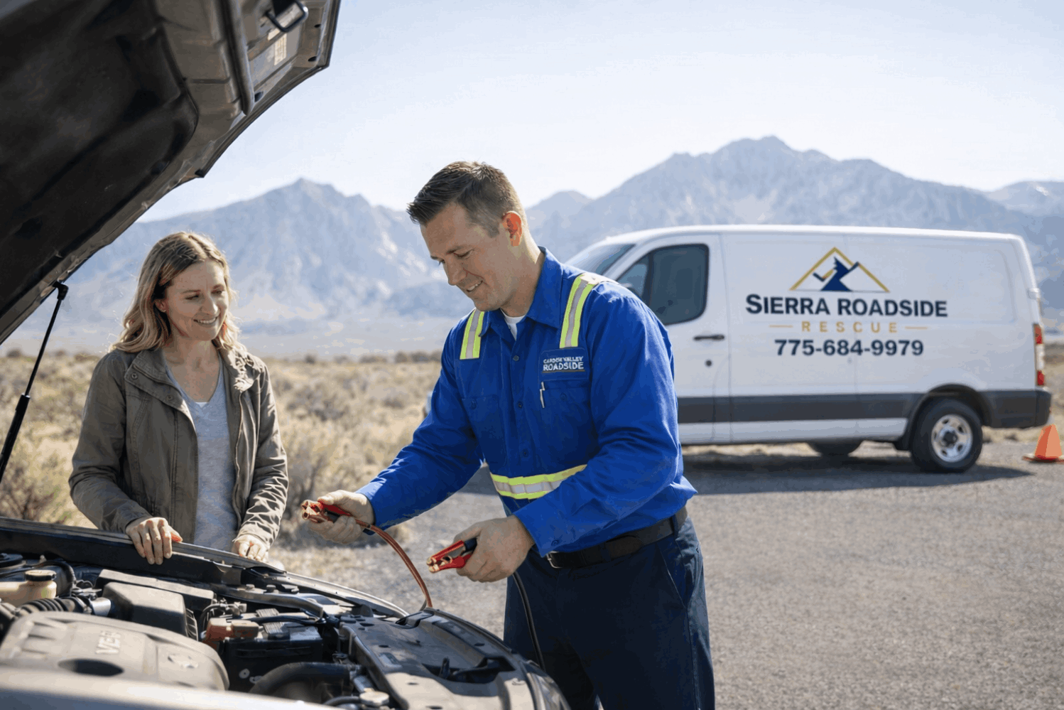 Sierra Auto Locksmith technician jump-starting a dead battery